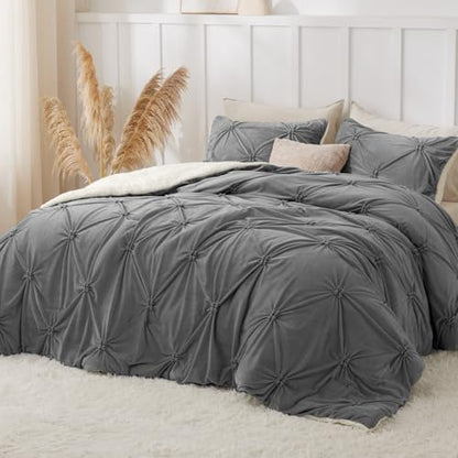 BEDELITE Fluffy Sherpa Queen Comforter Set,Pintuck-Grey