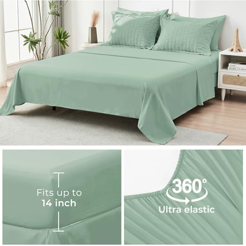 HYMOKEGE Sage Green Oversized King Comforter Set Seersucker 7 Pieces, All Season Luxury Bed in a Bag for Bedroom, Bedding Set with Comforter, Sheets, Pillowcases & Shams