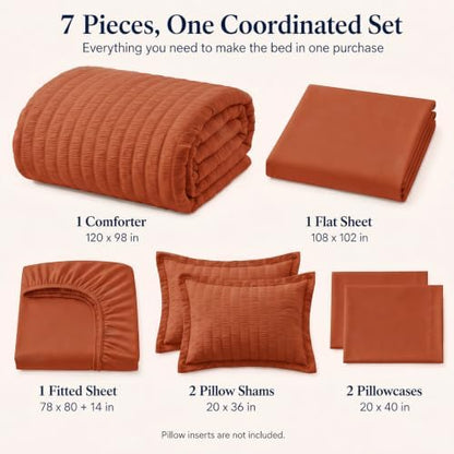 CozyLux Oversized King Comforter Set 120x98 7-Piece Burnt Orange Seersucker
