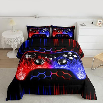 Erosebridal Ombre Art Honeycomb Gaming Consoles Bedding Set Red Blue Neon Lights Game Consoles Toddler Bedding Sets for Boys Geometry Hexagon Beehive Duvet Insert Gamer Room Decor for Boys