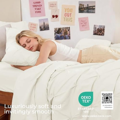 Sasttie Twin XL Comforter Set, 5-Piece Bed in a Bag, Pintuck Bedding Sets for All Season, Includes Comforter, Flat Sheet, Fitted Sheet, Pillowcase and Pillowsham, Ivory