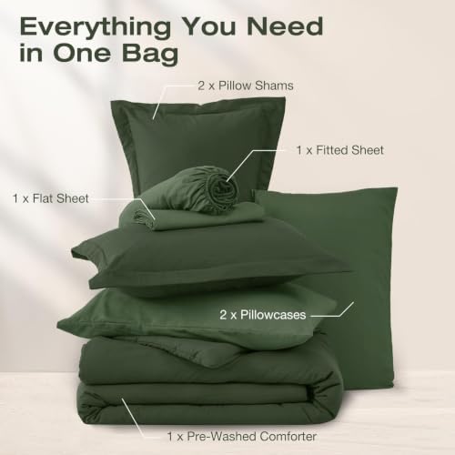 Sasttie Full Comforter Set 7-Piece Dark Green, Pre-Washed Bed in a Bag