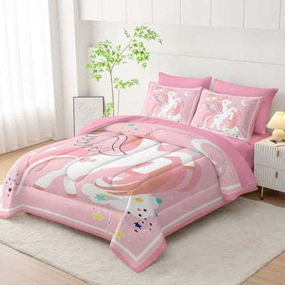 7Pcs Comforter Set Cartoon Pink Unicorn Printed Bedding Set with 1 Comforter,1 Flat Sheet,1 Fitted Sheet and 4 Pillowcases for Boys and Girls Bedroom All Season(Full)