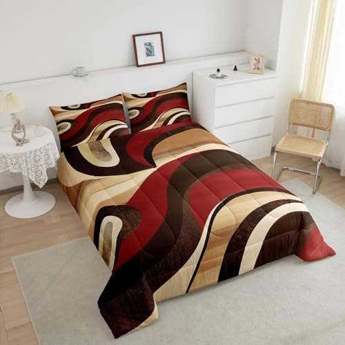 Feelyou Red Burgundy Brown Bedding Set King Size Geometric Comforter Set for Kids Boys Girls Decor Stripes Comforter Microfiber Modern Abstract Duvet Set Bedroom Quilt Set