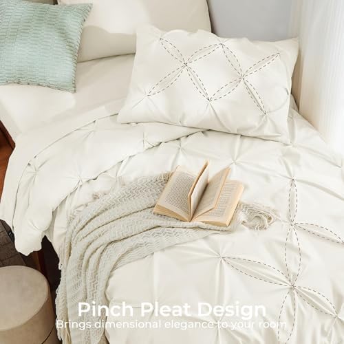 Sasttie Twin XL Comforter Set, 5-Piece Bed in a Bag, Pintuck Bedding Sets for All Season, Includes Comforter, Flat Sheet, Fitted Sheet, Pillowcase and Pillowsham, Ivory