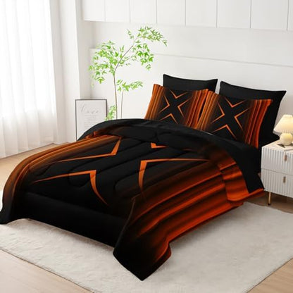 Nttopship Black and Yellow Geometric Comforter Set Twin Size 7Pieces,3D Abstract Mordern Printed Bedding Set for Adults,Geometric Mordern Decor All Seasons with Pillowcases,Flat, Fitted Sheet
