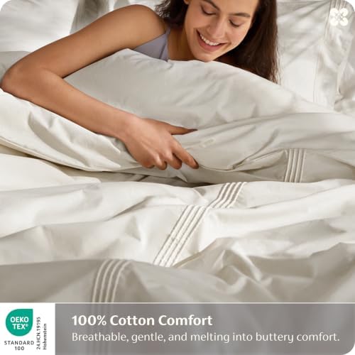 Bedsure PureWoven Cotton Percale Duvet Cover Queen, Rope Weave, Linen Beige