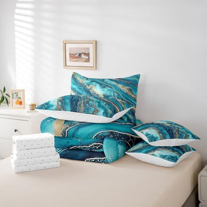 Erosebridal Teal Tie Dye Bedding Set for Kids Teens,Gradient Marble Texture Comforter Set Twin Size,Abstract Art (Comforter+Fitted+Flat Sheet+2 Pillowcases+2 Throw Pillow Covers) 7 Pieces Bed Set