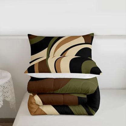Castle Fairy Stripes Comforter Set King Size Brown Black Green Swirls Bedding Set 3pcs for Kids Boys Men Room Decor Vintage Abstract Styles Quilt Set Microfiber Duvet Insert with 2 Pillowcases