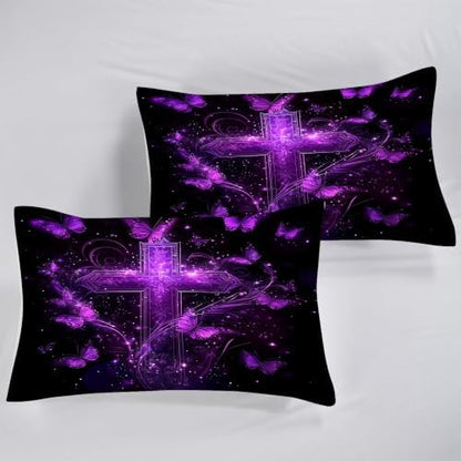 Purple Cross Butterfly Comforter Set Twin, Gothic Bedding for Girls