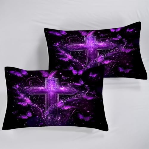 Purple Cross Butterfly Comforter Set King, Gothic Bedding for Girls