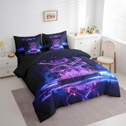 Erosebridal Ice Hockey Twin Bedding Set - Hockey Sports Bed in A Bag,Purple Neon Comforter Sets with Sheets, Sports Style 7 Pieces Bed Set Bedroom Decor