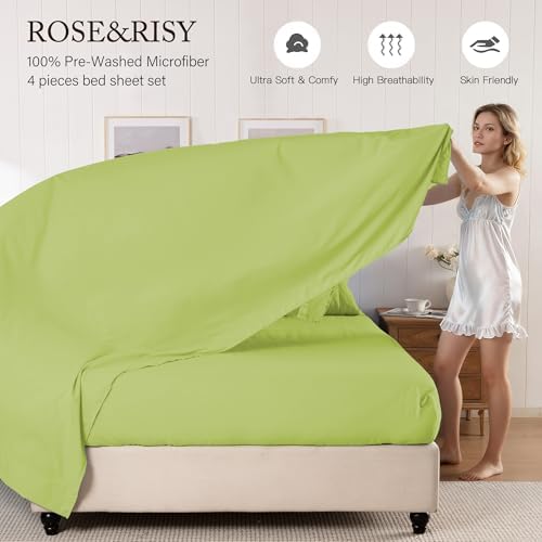 ROSE&RISY Avocado Green Queen Sheet Set, Pre-Washed Cotton-Like Brushed Microfiber, 4 Pcs Super Soft Breathable Cooling Bed Sets,Includes 1 Fitted, 1 Flat, 2 Pillowcases(Avocado Green, Queen)
