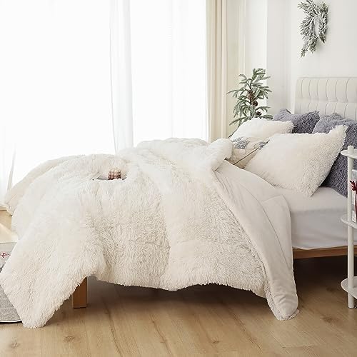 Smoofy Fluffy Queen Comforter Set, Beige Faux Fur Comforter Set 3 Pieces
