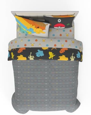 Pokemon Bedding Set, Full Size 7 Piece Set Kids Super Soft Cozy Reversible Comforter and Sheet Set with Sham, (100% Officially Licensed Product) by Franco