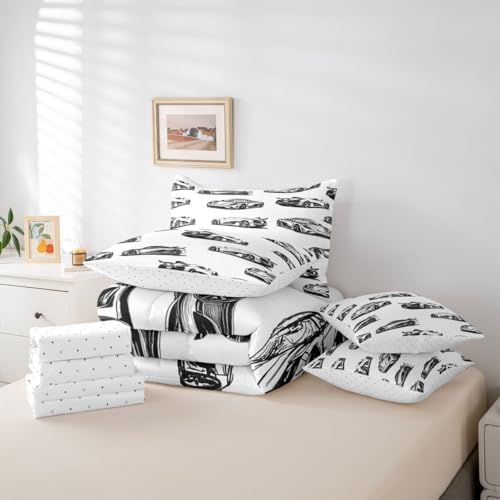 Feelyou Race Car Queen Comforter Set with Sheets for Kids Boys Girls Black White Speed Sports Car 7 Pieces Bedding Set Extreme Sports Bed in a Bag Room Decor Soft Lightweight Microfiber