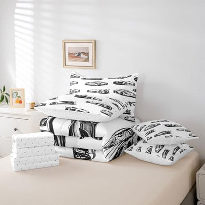 Feelyou Race Car Queen Comforter Set with Sheets for Kids Boys Girls Black White Speed Sports Car 7 Pieces Bedding Set Extreme Sports Bed in a Bag Room Decor Soft Lightweight Microfiber