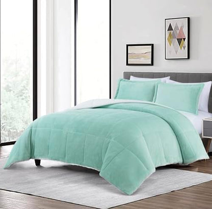 Chezmoi Collection Ultra-Soft Micromink Sherpa King Size Comforter Set with 2 Pillow Shams - Aqua Reversible Plush Bedding Comforter 3-Piece Set Warm Winter Blanket