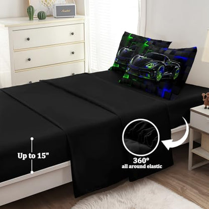 5 Pcs Twin Car Bedding Sets for Boys, Race Car Twin Comforter Set for Boys Teens, Twin Boy Bedding Set with Sheets