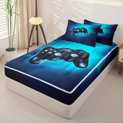 Feelyou Kids Game Comforter Set Zipper Bedding Full for Boys, Blue All-in-one Zipper Bedding, Easy to Make, Washable, Soft Fabric, Comforter with Fitted Sheet, 2pcs Pillowcases