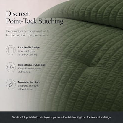 CozyLux Queen Comforter Set, 7 Pieces Olive Green Seersucker Bed in a Bag