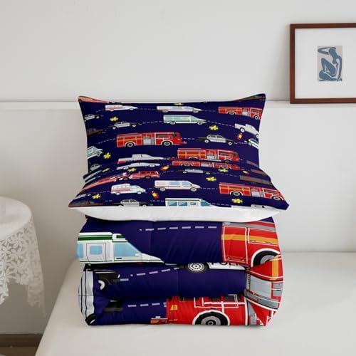 Feelyou Fire Truck Bedding Bed Set Police Car Comforter Set for Kids Boys Girls Teens Youth Decor Engine Ambulance Cute Comforter Emergency Vehicle Blue Soft Quilt Set Room 2Pcs Twin Size