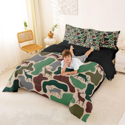 Erosebridal Camo King Comforter Set with Sheets 7 Piece Deer Hunting Bed in A Bag Army Green Military Camouflage Bedding Sets Rustic Country Wildlife Bed Set
