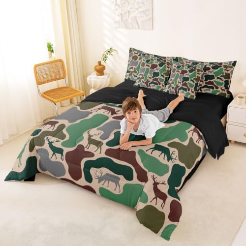 Erosebridal Camo Full Comforter Set with Sheets 7 Piece Deer Hunting Bed in A Bag Army Green Military Camouflage Bedding Sets for Kids Boys Girls Rustic Country Wildlife Bed Set