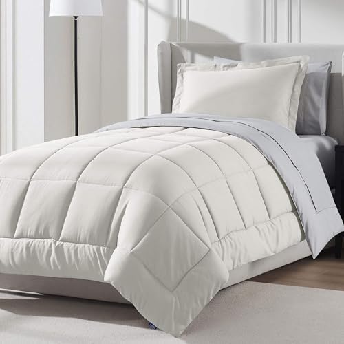 Nestl 7 Piece Twin XL Comforter Set – Off White Reversible Bed in a Bag – Complete Twin XL Size Bedding Set with Sheets, Set of 2 Down Alternative Pillows, Pillowcase and Sham