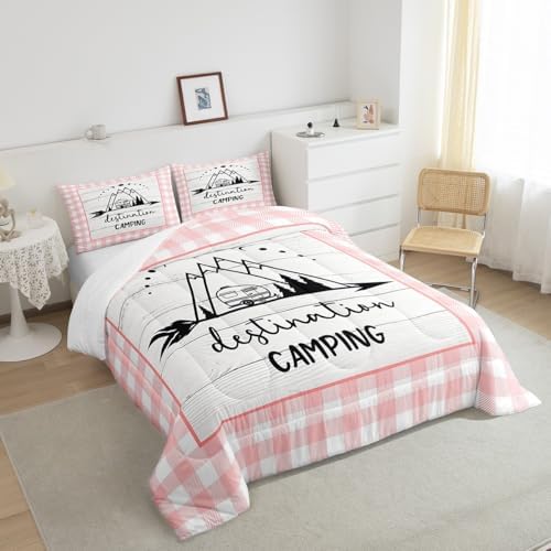 Happy Camping Comforter Set Twin Size,Camper RV Trailer Decor Bedding Set 2pcs for Kids Boys Girls Adults,Rustic Wooden Plank Geometric Grids Down Comforter,Pink Romantic Duvet Insert,1 Pillowcase