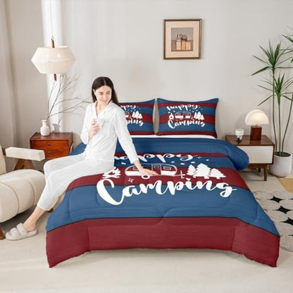 Rustic Camping Travel Comforter Set Twin Size,Camper RV Trailer Decor Bedding Set 2pcs for Kids Boys Girls Adults,Old Wooden Plank Farmhouse Down Comforter,Red Blue Retro Duvet Insert,1 Pillowcase