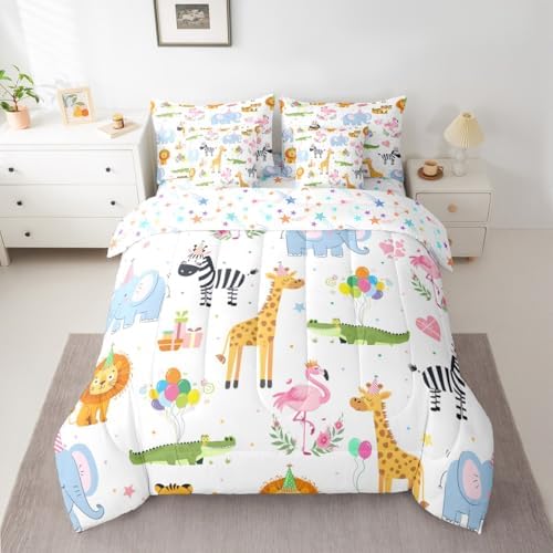 Erosebridal Party Animals 7 Piece Comforter Set Queen for Nursery | Funny Cartoon Wild Animals Bedding Set Kids Boys Girls Flamingo Giraffe Elephant Zebra Crocodile Sheets Love Heart Floral Quilt