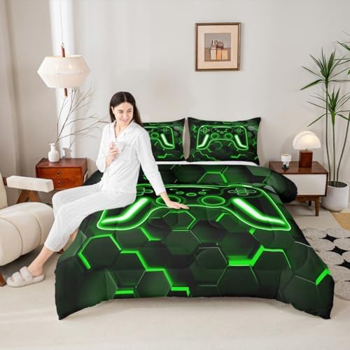 Erosebridal Gamer Comforter Set Neon Honeycomb Gaming King Bedding Set, Game Boy Games Comforter Green Hexagon Lights Duvet Insert,Boys Bedroom Decor