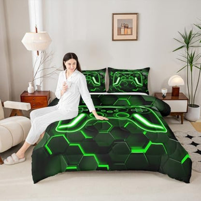 Erosebridal Gamer Comforter Set Neon Honeycomb Gaming King Bedding Set, Game Boy Games Comforter Green Hexagon Lights Duvet Insert,Boys Bedroom Decor