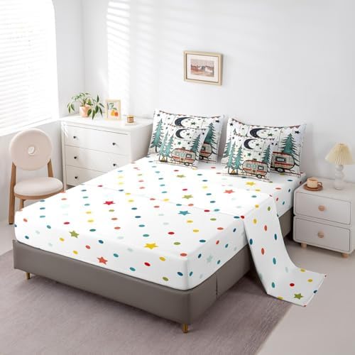 Erosebridal 7 Piece Happy Camping King Bedding Set,RV Bunk Camper Bed Comforter Set with Sheets for Kids Adults,Moon and Stars Decor Travel Trailer Quilt Bed Set with Fitted+Flat Sheet,Pillowcases