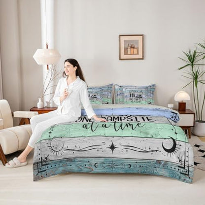 Twin Camper Comforter Set 7 Pieces, Happy Camping Bed In A Bag Rv Decorations For Inside, Vintage Rustic Farmhouse Bedding Set Sun Moon Starry Sky Comforter, Flat Sheet, Fitted Sheet, Pillowcases