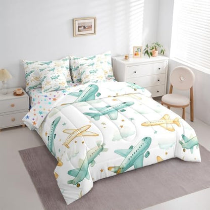 Erosebridal Colorful Aircraft King Size Comforter Set with Sheets for Boys, Cartoon Airplane 7 Pcs Bedding Set, Star White Cloud Bed in A Bag, Dreamy Aviation Theme Bed Sets for Kids Girls Adults