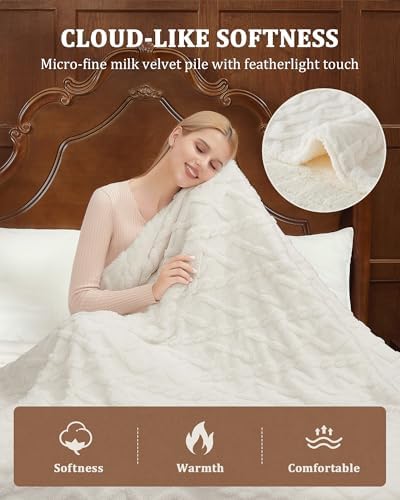 CAROMIO Heated Throw Blanket - Thick Tufted Sherpa Electric Blanket Throw with 10 Heating Levels and 10 Time Settings, ETL Certified Machine Washable Fast Heating Blanket Throw 50"×60", Off White
