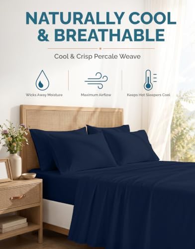 Casa Platino Cal King Sheets Set – 100% Cotton Bed Sheets Cal King, Breathable & Crisp Percale 6 Piece Set, 15" Deep Pocket for A Secure Fit, Ultra Soft & Cozy, Fit – Navy Blue
