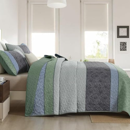 Cottolester Boho Full Quilt Set,Grey Green Striped Plaid Bedspread Coverlet