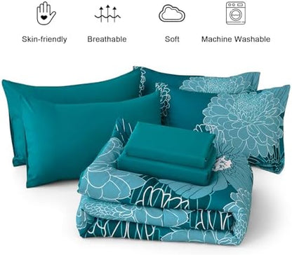 California King Comforter Set,Teal Elegant Floral Print Bed in a Bag 7 Pieces Comforter,Ultra Soft & Breathable Soft Microfiber Boho Bedding Set with Flat Sheet Fitted Sheet Pillowshams Pillowcases