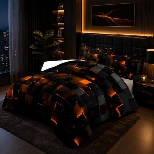 Nttopship Geometric Yellow Black Comforter Set,Light Honeycomb 3 Piece Bedding Set Full Size for Teen Boys,Modern Quilt Set Geometry Decor,Microfiber Lightweight 1 Comforter 2 Pillowcases All Season