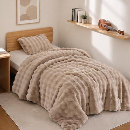YIKUSH Twin Faux Fur Soft Comforter Set, Fluffy Khaki Rabbit Fur Comforter