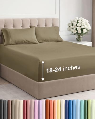 Extra Deep Cal King Sheet Set - 4 Piece Breathable & Cooling Sheets - Khaki