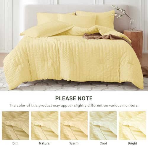 MUXHOMO 7 Pieces King Comforter Set, Seersucker Bed in a Bag King Size, All Season Luxury Bedding Set with Comforter, Flat Sheet, Fitted Sheet, Pillowcases & Shams, Yellow