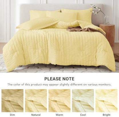 MUXHOMO 7 Pieces King Comforter Set, Seersucker Bed in a Bag King Size, All Season Luxury Bedding Set with Comforter, Flat Sheet, Fitted Sheet, Pillowcases & Shams, Yellow