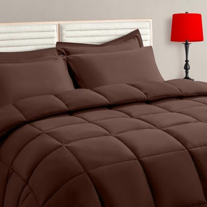 TAIMIT Brown Queen Size Comforter Set - 7 Pieces, Bed in a Bag Bedding Sets with All Season Soft Quilted Warm Fluffy Reversible Comforter,Flat Sheet,Fitted Sheet,2 Pillow Shams,2 Pillowcases