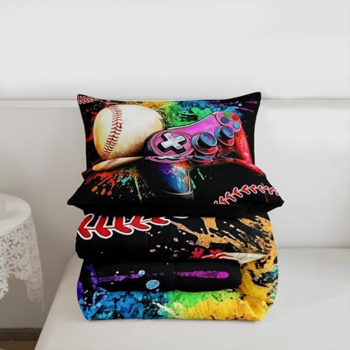Castle Fairy Ball Sports Game Tie Dyed 3 Pcs King Size Comforter Set,Kids Baseball Gaming Down Alternative Adults Bedroom Decor,Baseball Gamepad Ultra Soft Microfiber Inner Fill 3 Pcs Bedding