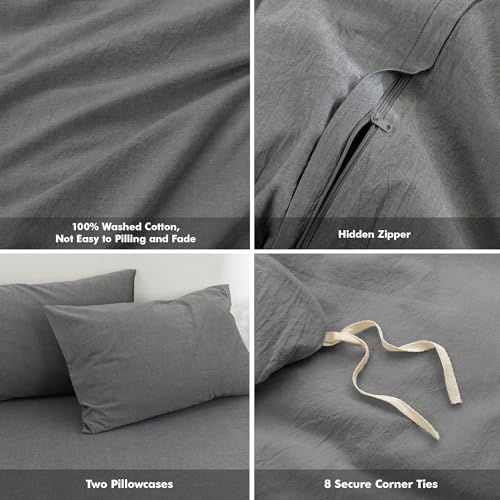 FOSSA Duvet Cover Set 100% Washed Cotton Linen Feel Queen