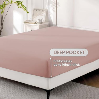 ROSE&RISY Mauve King Sheet Set, 4 Pieces Soft Bedding King Sheet Set, Breathable and Cooling Sheet Bed Set, Includes 1 Fitted Sheet, 1 Flat Sheet, 2 Pillowcases - Deep Pocket (Mauve, King Size)